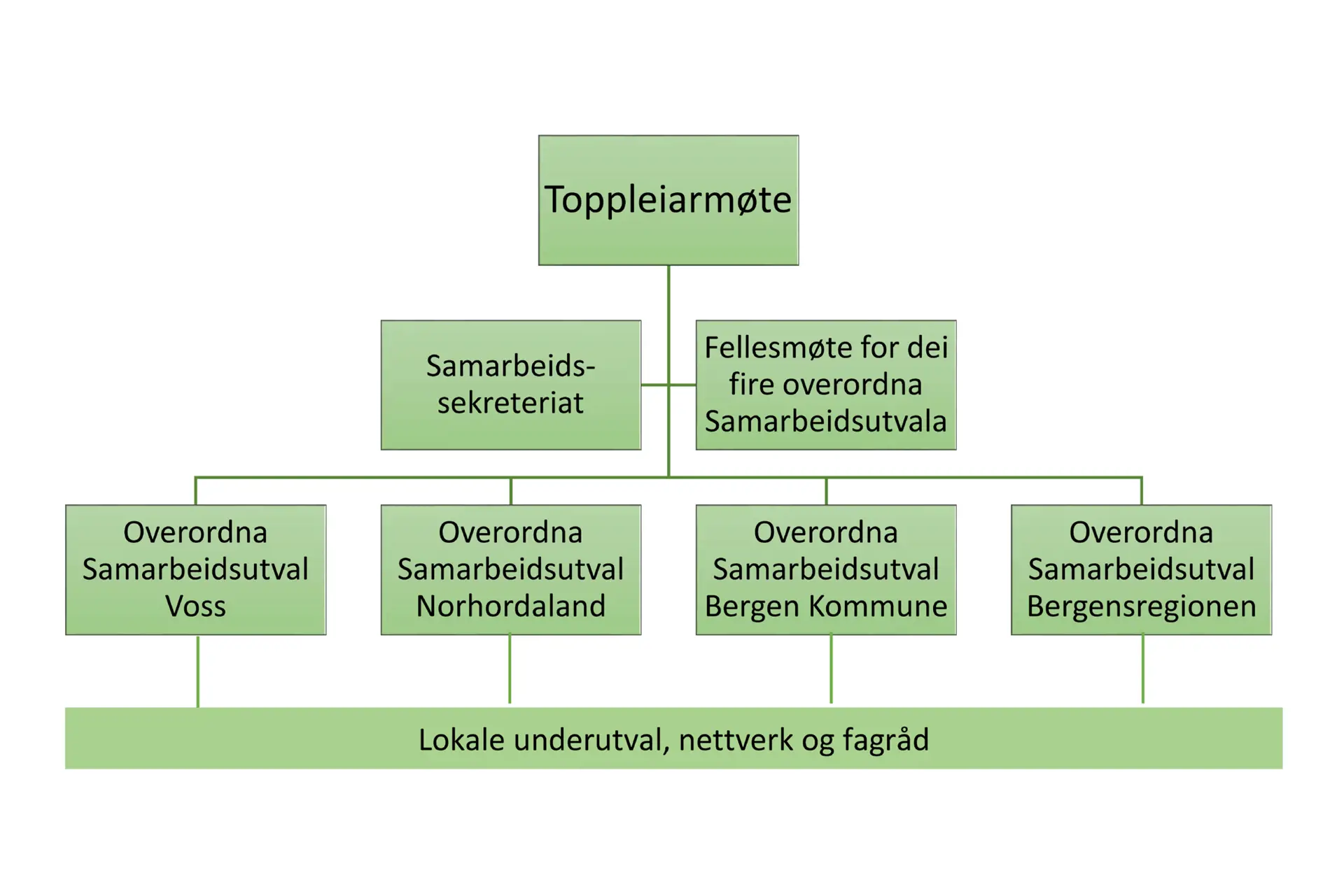 Grafisk modell som viser samarbeidsstruktur og organisering i Helse Bergen sitt føretaksområde.