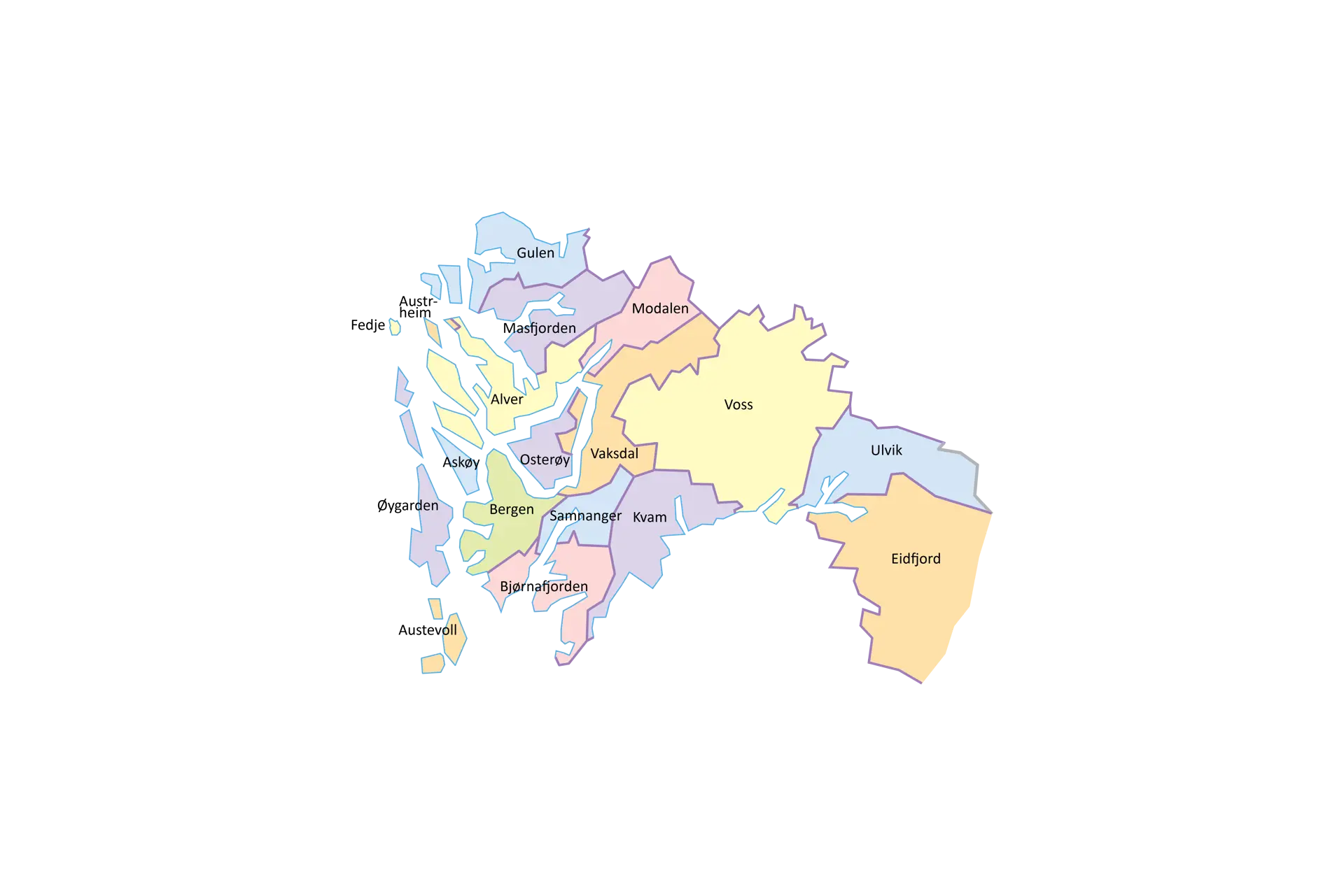 Kart over samarbeidskommunane med ulike fargar i Helse Bergen sitt føretaksområde.